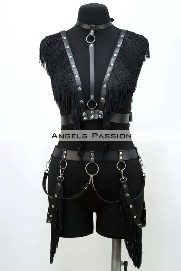 Black Fringe Body Harness & Thigh Garters Set
