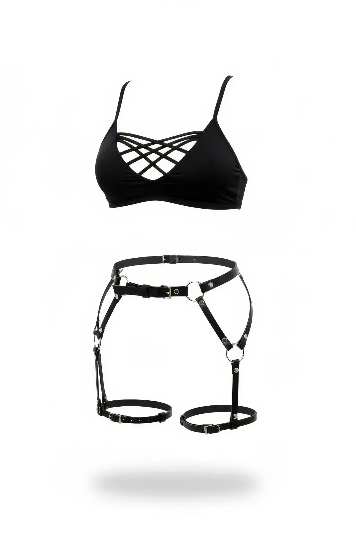 Adjustable Faux Leather Garter Harness with O-Ring Thigh Straps
