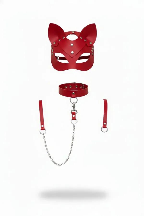 Red Cat Mask and Harness Set with Detachable Chain