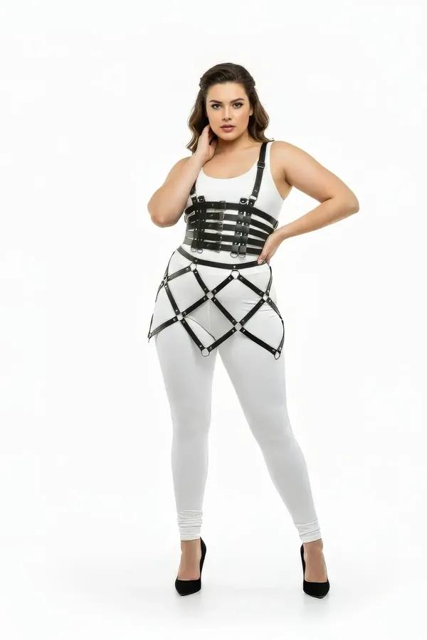 Black Plus Size Faux Leather Cage Body Harness Skirt