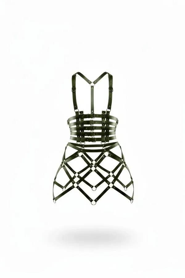 Faux Leather Cage Skirt Harness with Strappy Waist Design