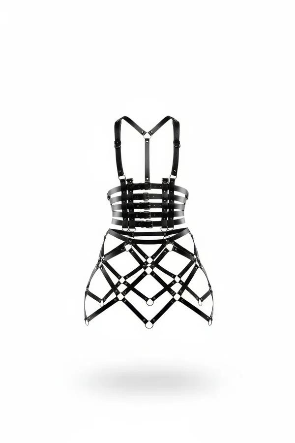 Black Cage Skirt Harness with Strappy Bodice