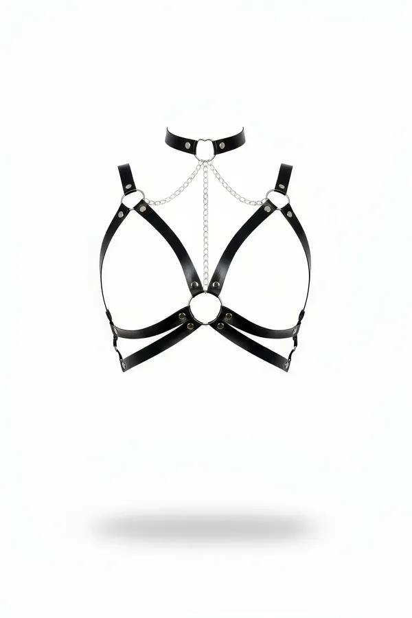 Faux Leather Chest Harness with Choker & Chain Detail