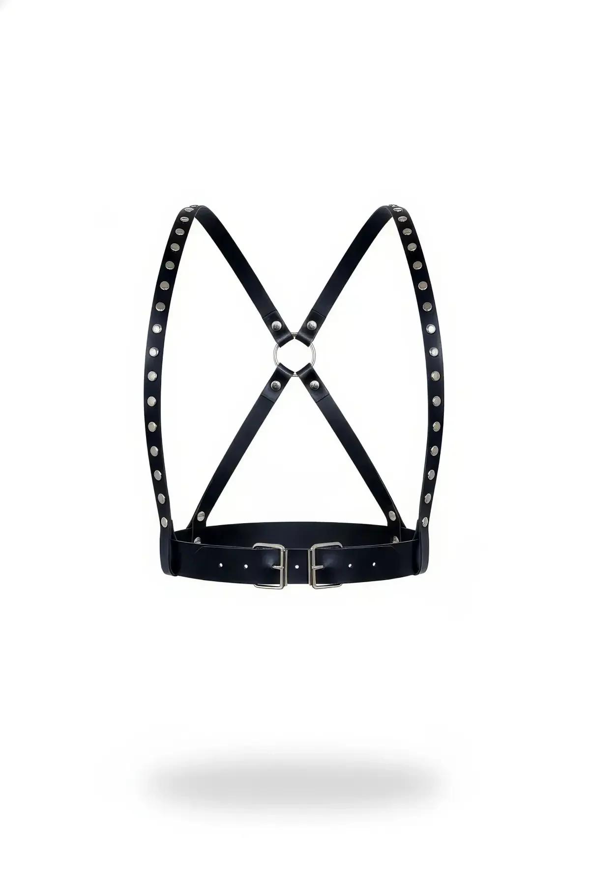 Black Faux Leather Chest Harness with Silver Studs & X-Back