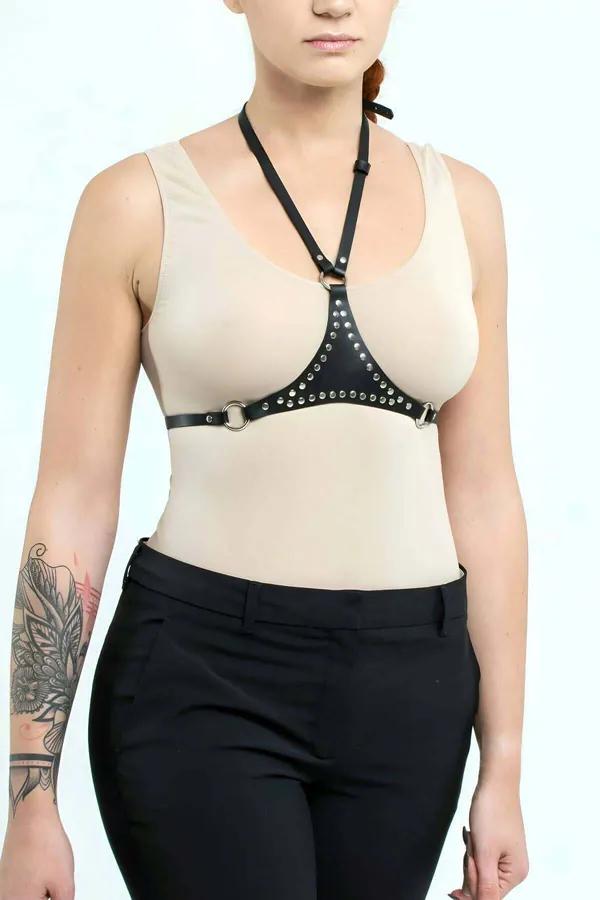 Studded Faux Leather Underbust Harness with Halter Strap