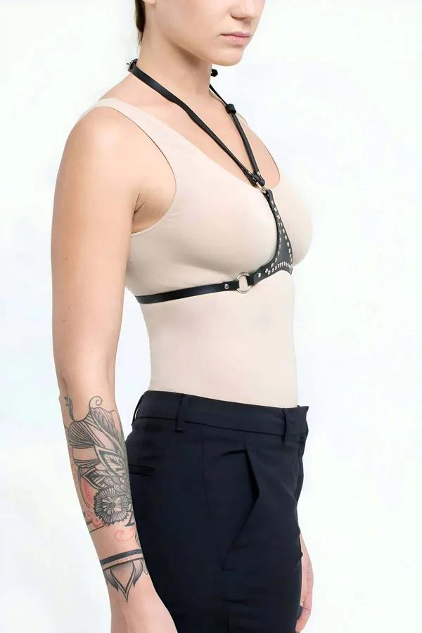 Studded Faux Leather Underbust Harness with Halter Strap