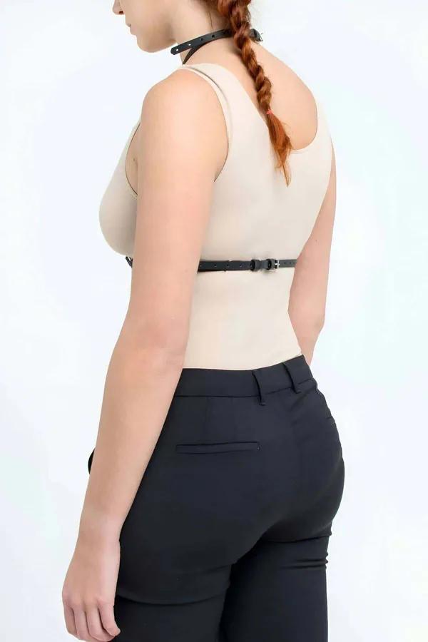 Studded Faux Leather Underbust Harness with Halter Strap