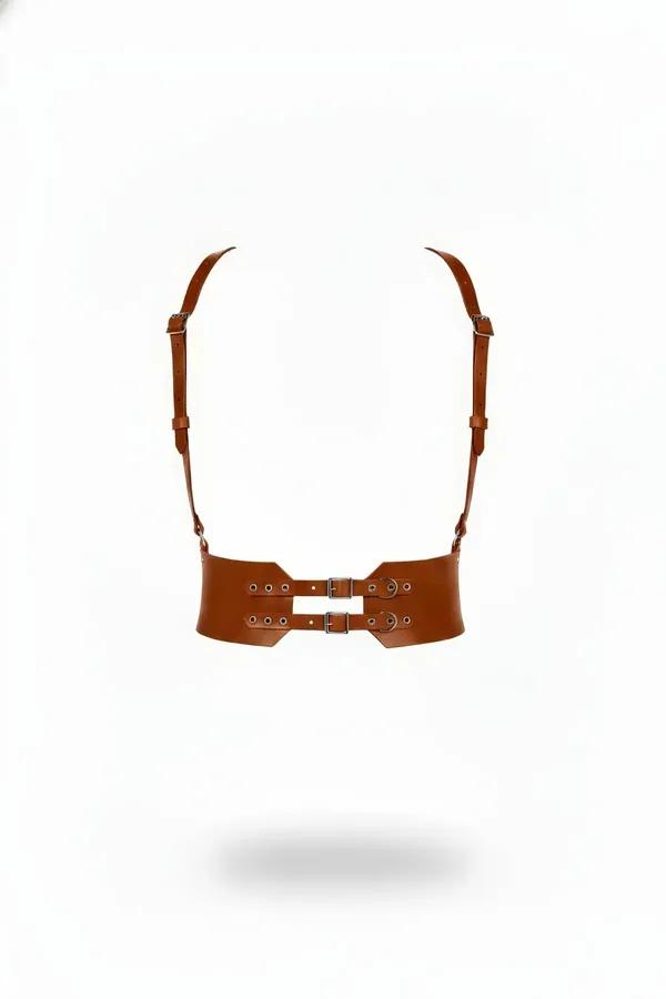 Tan Faux Leather Waspie Belt Harness with Shoulder Straps