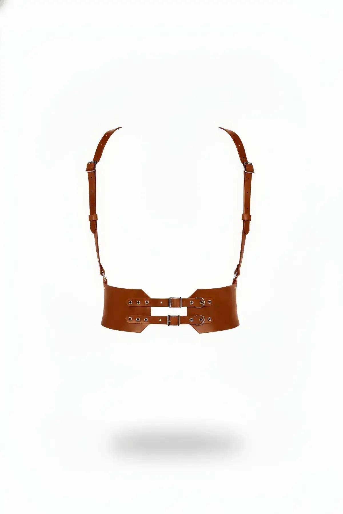 Tan Faux Leather Waspie Belt Harness with Shoulder Straps
