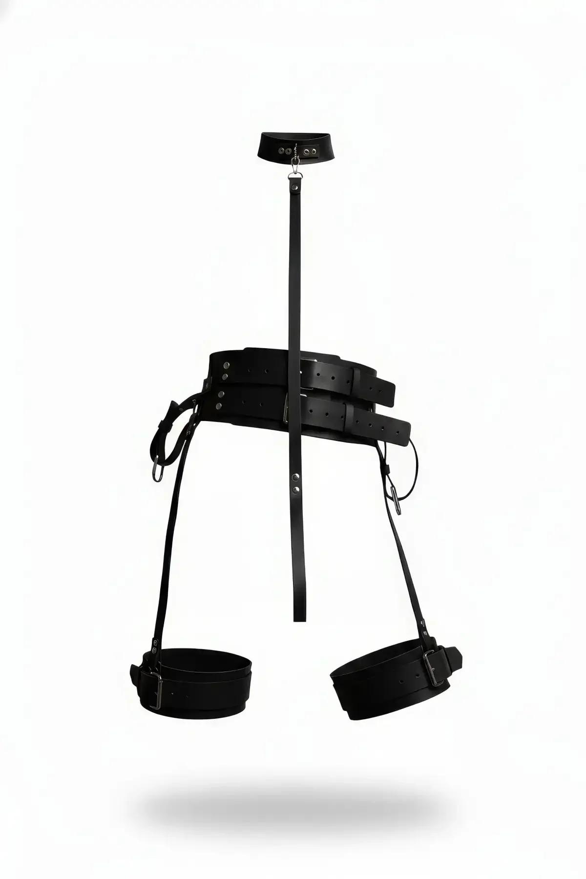 Black Faux Leather Harness Set with Neck Collar & Cuffs