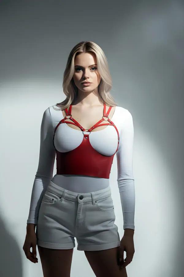 Red Faux Leather Panel Chest Harness with O-Rings