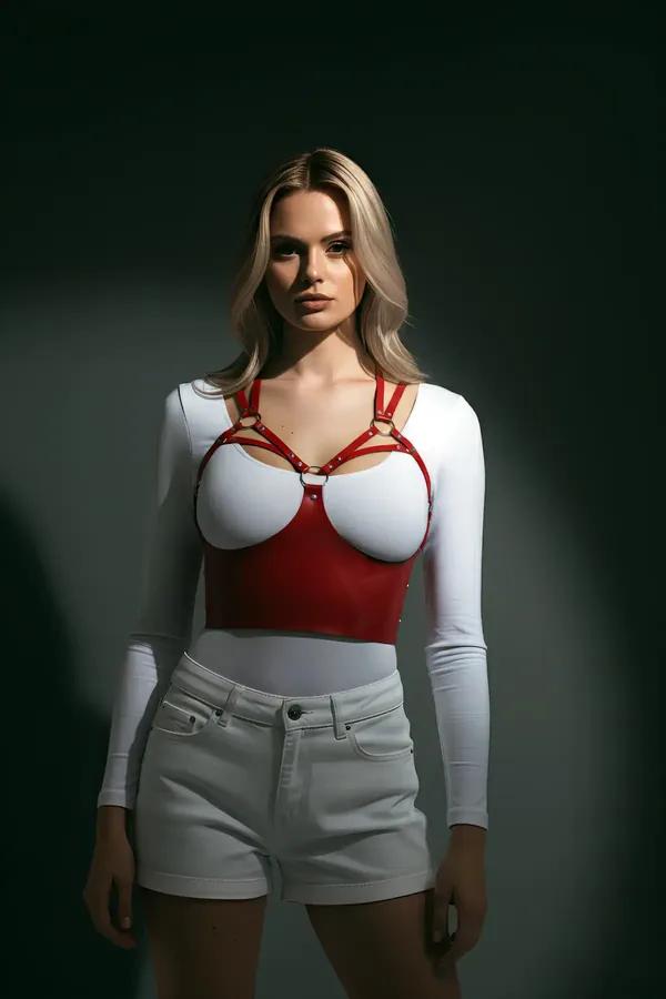 Red Faux Leather Panel Chest Harness with O-Rings