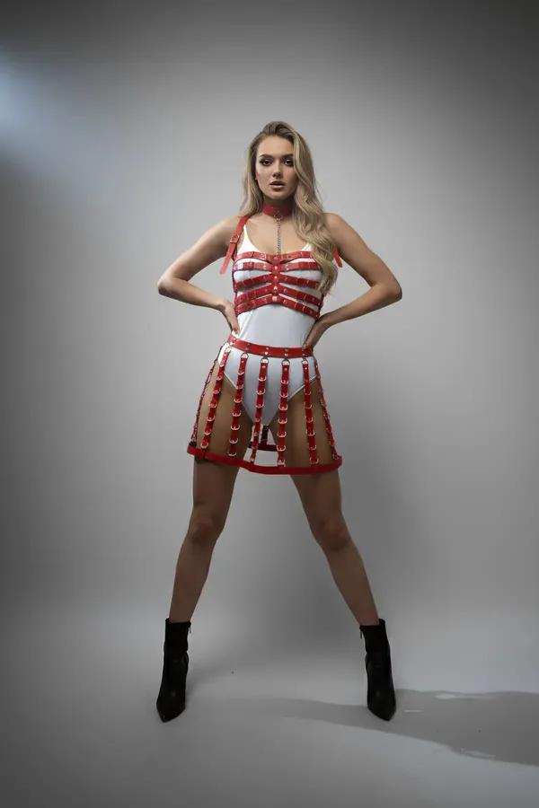 Faux Leather Cage Skirt Harness with Multiple O-Rings