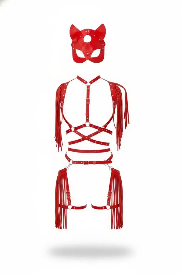 Red Fringe Body Harness Set with Cat Mask