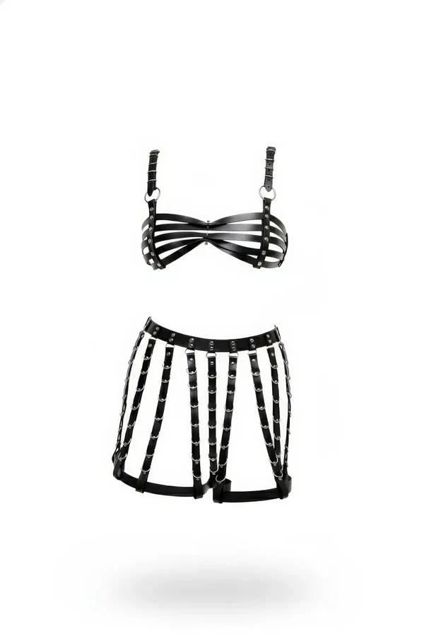 Faux Leather Strappy Cage Bra & Harness Skirt Set