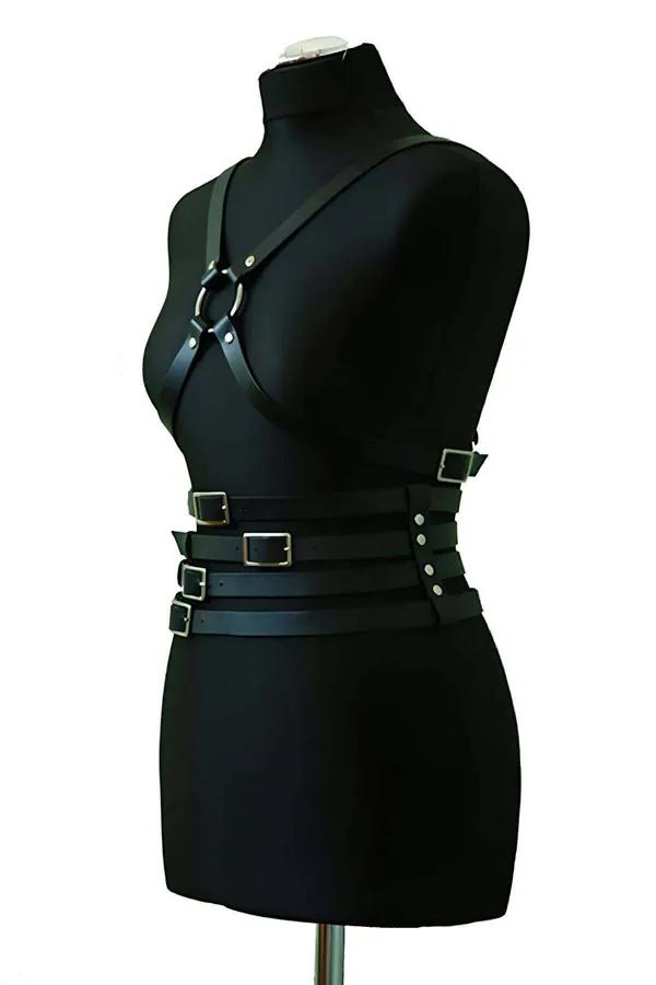 Waist-Cinching Faux Leather Body Harness with O-Ring Chest