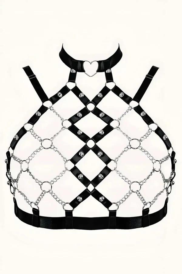 Chain & Faux Leather Harness with Heart Choker