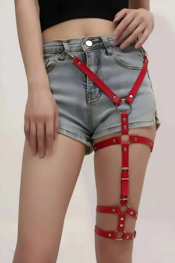 Red Faux Leather Thigh Harness with Adjustable Garter Straps