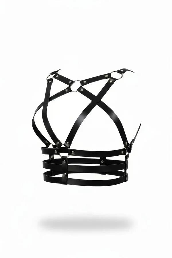 Strappy Faux Leather Caged Chest Harness with O-Rings