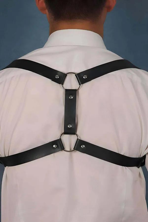 Black Faux Leather Back Harness Men Dual Silver O-Ring Closure Adjustable Straps