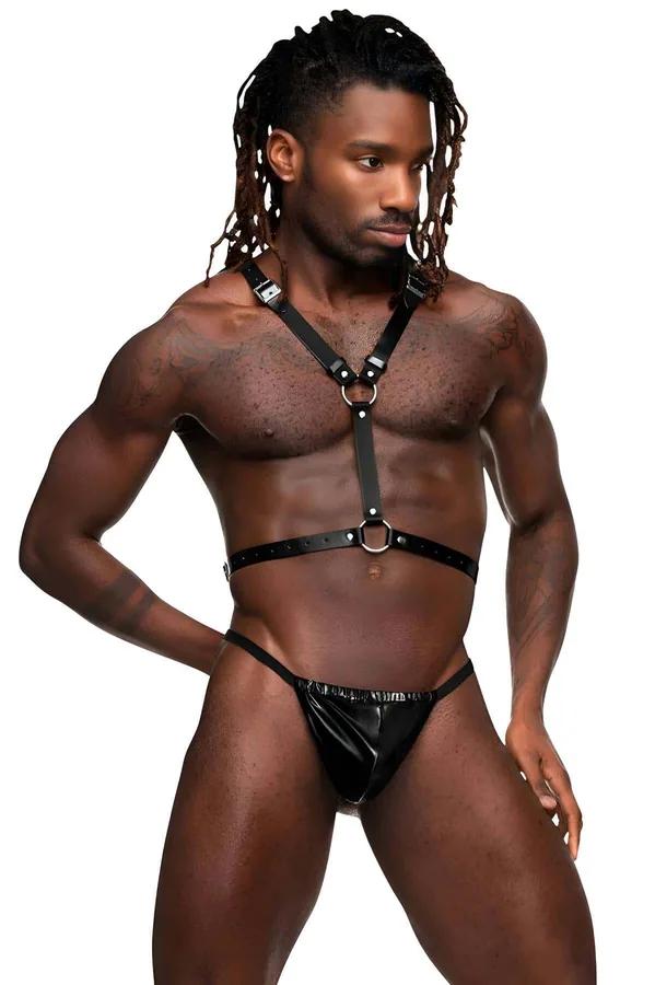 Adjustable Black Faux Leather Chest Harness with O-Ring