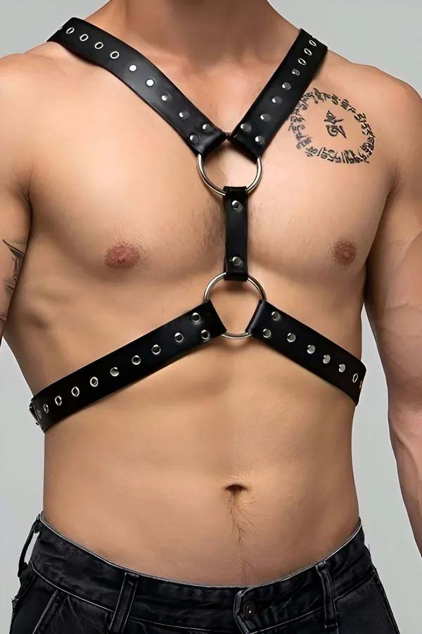 Black Faux Leather Chest Harness with O-Rings