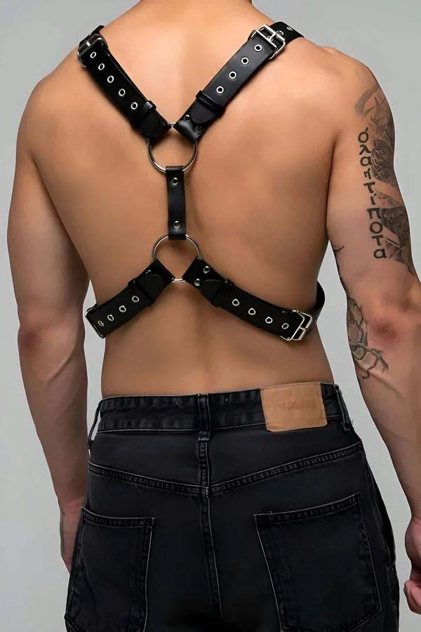 Black Faux Leather Chest Harness with O-Rings