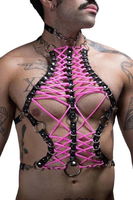 Laced Faux Leather Chest Harness with O-Rings