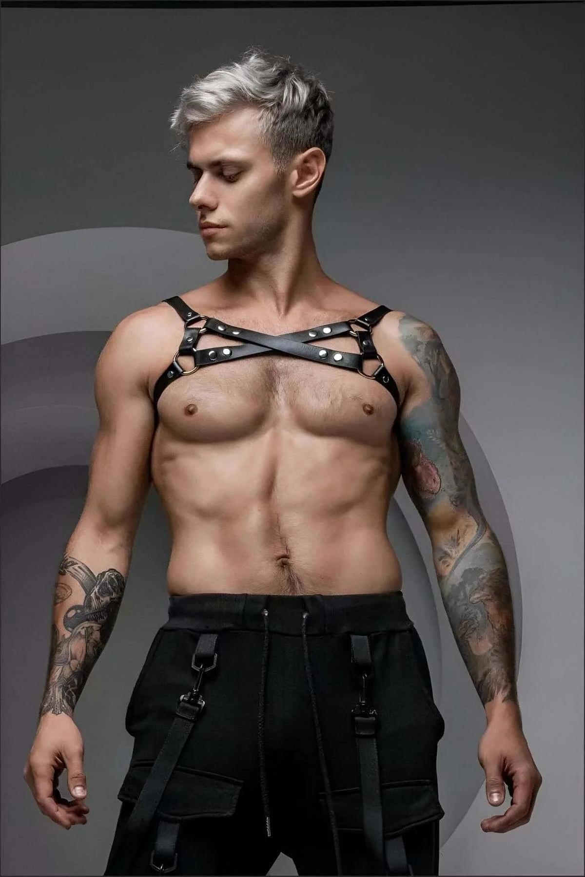 Black Faux Leather Chest Harness with O-Rings