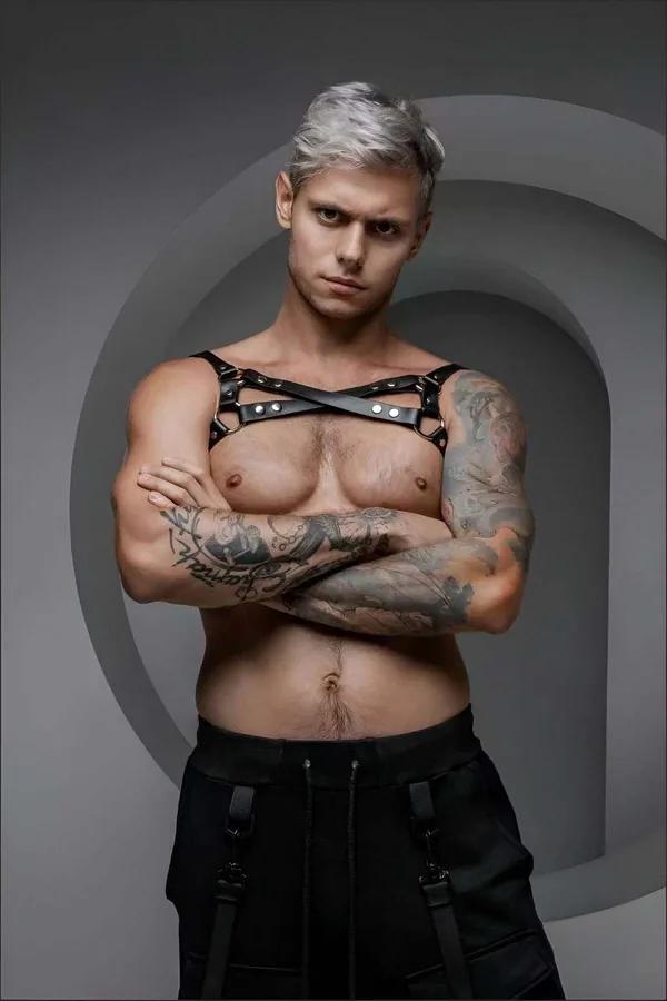 Black Faux Leather Chest Harness with O-Rings