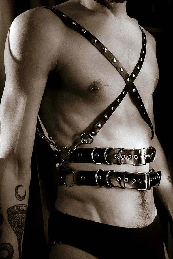 Studded Faux Leather Body Harness with Double Belt