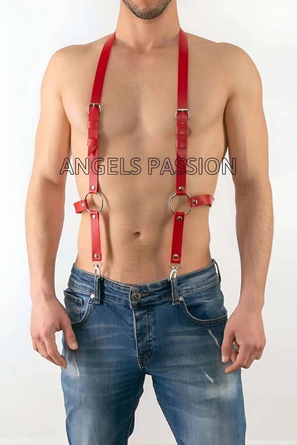 Red Faux Leather Suspender Harness with O-Rings