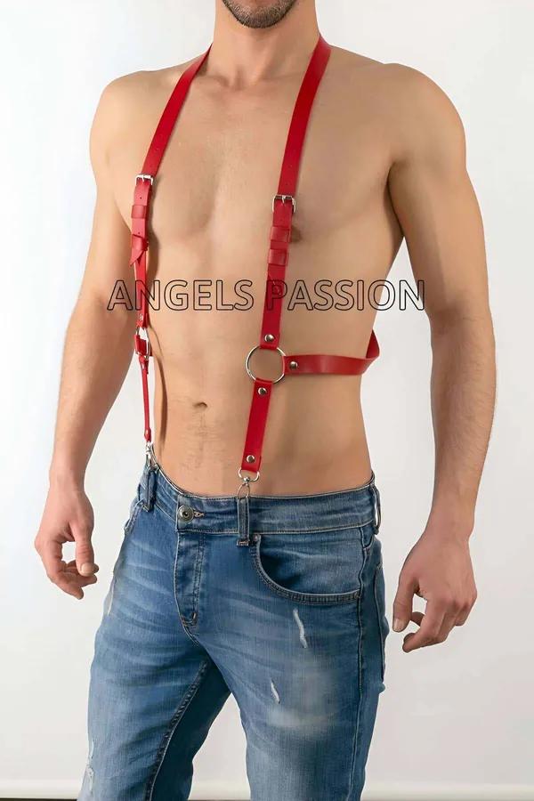 Red Faux Leather Suspender Harness with O-Rings