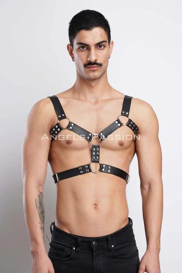Studded Faux Leather Chest Harness with O-Rings