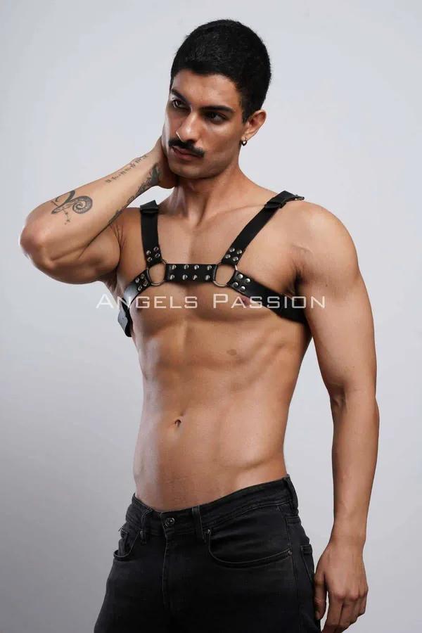 Studded Faux Leather Chest Harness with O-Rings