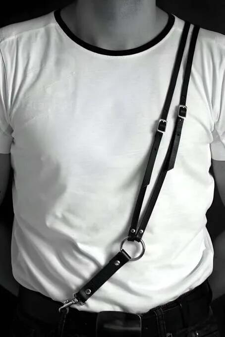 Black Faux Leather Chest Harness Men Adjustable Straps Silver O-Ring