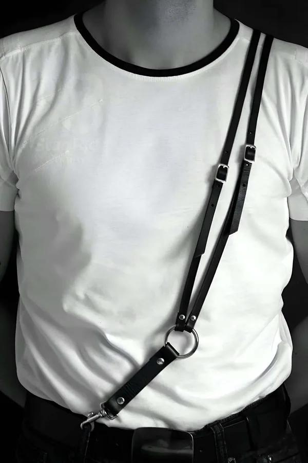 Black Faux Leather Chest Harness Men Adjustable Straps Silver O-Ring