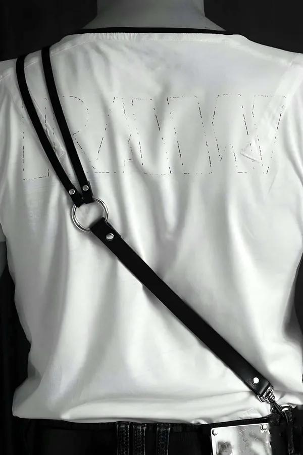 Black Faux Leather Chest Harness Men Adjustable Straps Silver O-Ring