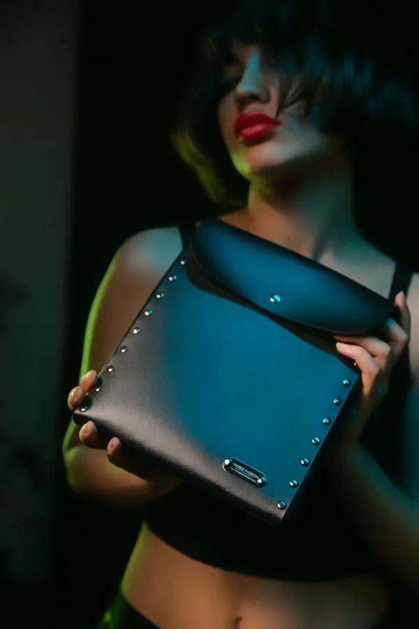 Studded Faux Leather Shoulder Bag with Metal Branding