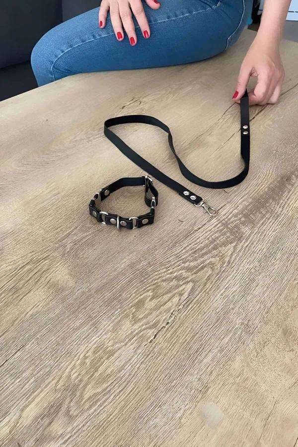Studded Faux Leather Choker and Leash Set