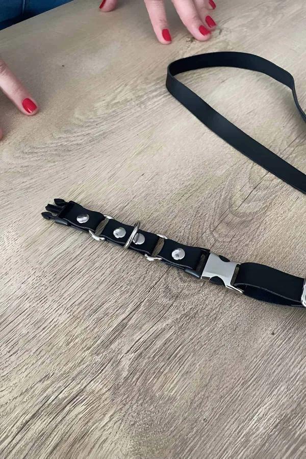 Studded Faux Leather Choker and Leash Set