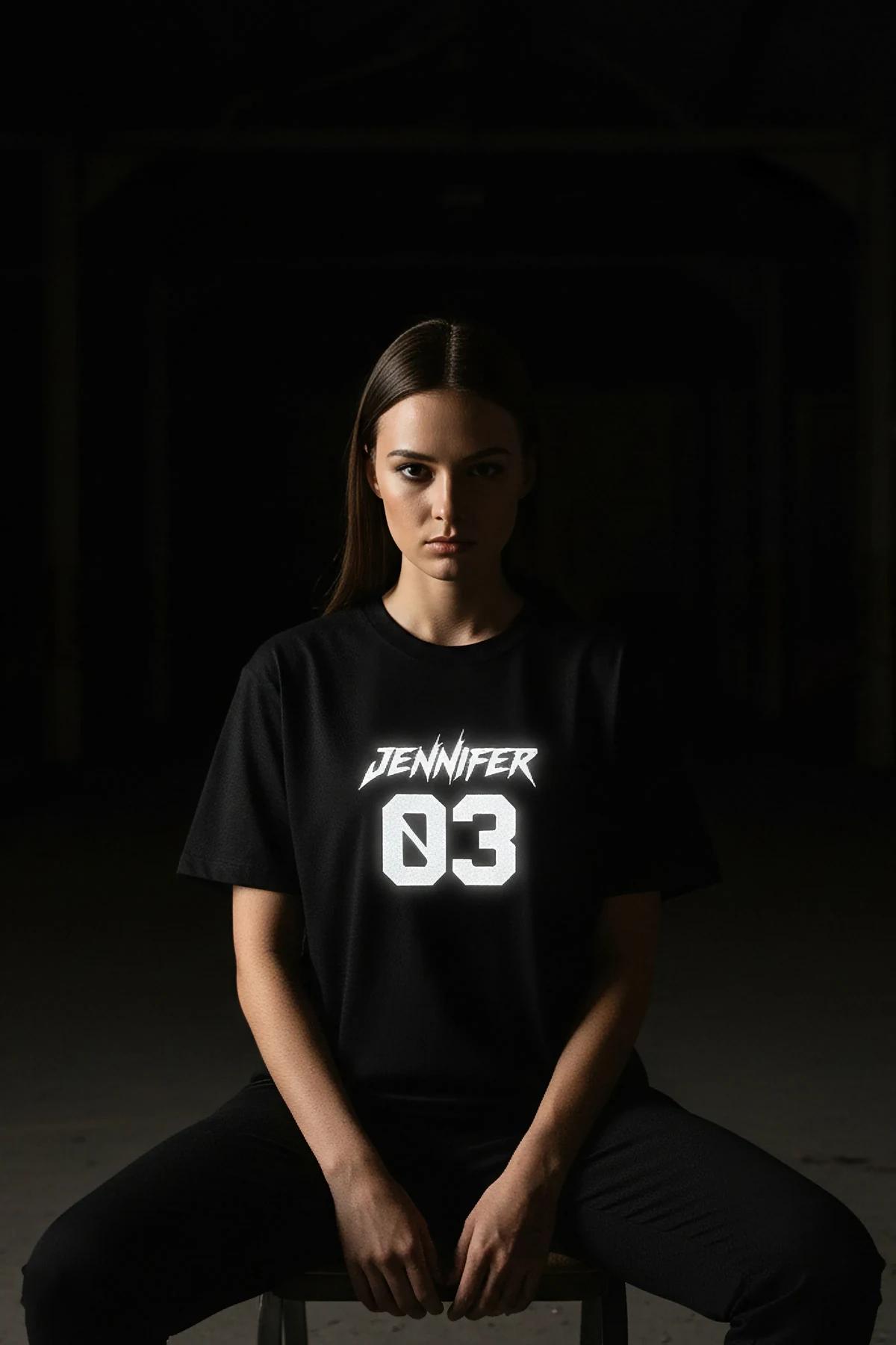 black custom reflective t-shirt with white retroreflective name and number print in sporty jersey typography