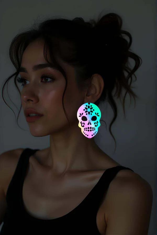 Rainbow holografik reflektörlü kurukafa lazer kesim gotik küpe pembe sarı yeşil mavi renk geçişli