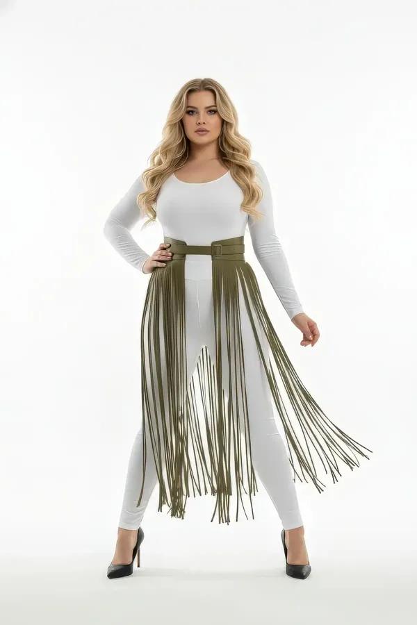 olive green high-waist faux leather fringe harness belt with long cascading strands and silver buckle closure