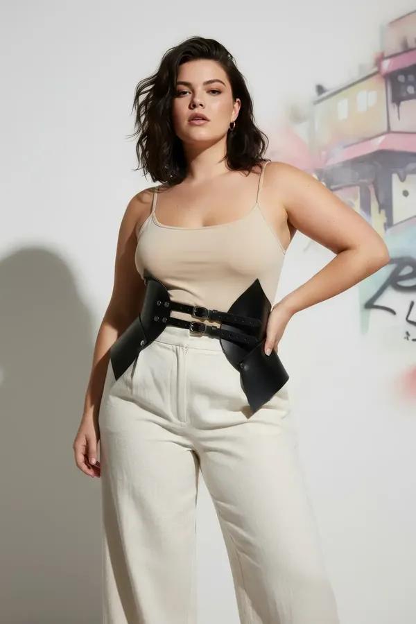black faux leather waist cinch harness with wide structured panels and silver double buckle worn over cream top