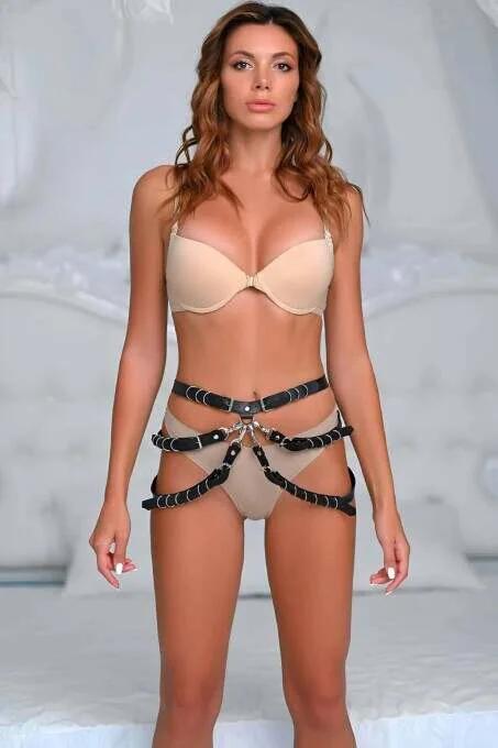 siyah vegan deri bel uyluk harness aksesuar gümüş O-halkalı çok bantlı ayarlanabilir