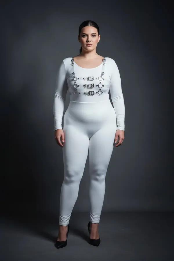 White body harness with three silver buckle rows and O-ring strap joints worn as chest harness over white outfit