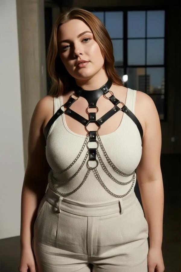 black faux leather chest harness with wide choker collar, silver O-rings, and cascading silver chains across bust