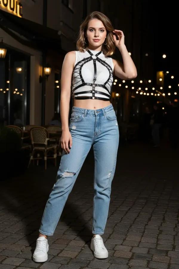 siyah vegan deri kafes harness gümüş perçinli çoklu bant vücut aksesuarı crop top üzerinde sokak stili