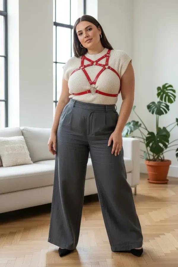 red faux leather chest harness with star-cage strap pattern and silver O-ring detail worn over white dress